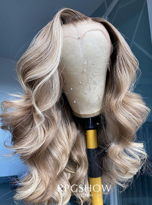 Long Side Part Wavy Platinum Blonde Balayage with Dark Roots Lace Front Wigs - Zelda003
