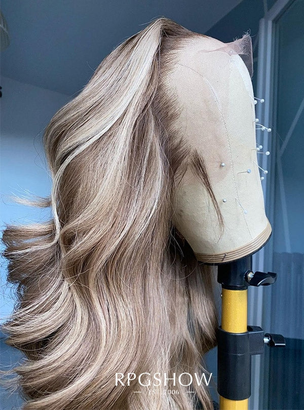 Long Side Part Wavy Platinum Blonde Balayage with Dark Roots Lace Front Wigs - Zelda003