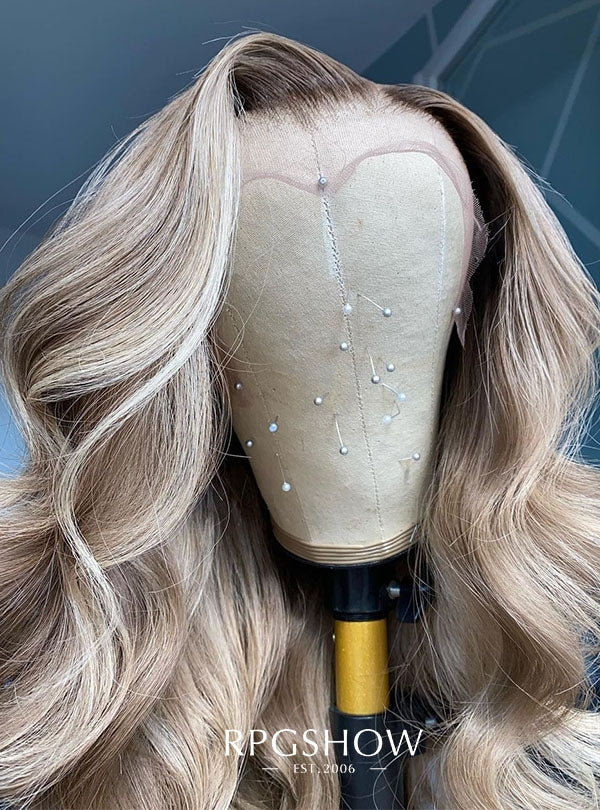 Long Side Part Wavy Platinum Blonde Balayage with Dark Roots Lace Front Wigs - Zelda003