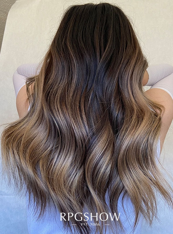 MIDDLE LENGTH WAVY BOTTLENECK BANGS  MUSHROOM BROWN AND BLONDE  BALAYAGE LACE FRONT WIGS  SOFIATHEWIGSTYLIST002
