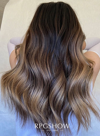MIDDLE LENGTH WAVY BOTTLENECK BANGS  MUSHROOM BROWN AND BLONDE  BALAYAGE LACE FRONT WIGS  SOFIATHEWIGSTYLIST002