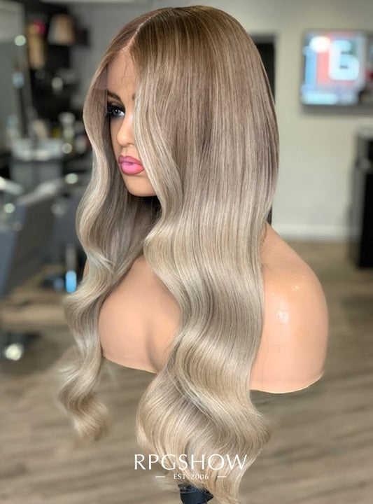 Middle Part Ash Blonde Ombre Wavy Human Hair Lace Front Wigs - Dominic001