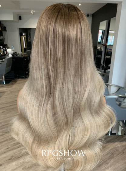 Middle Part Ash Blonde Ombre Wavy Human Hair Lace Front Wigs - Dominic001