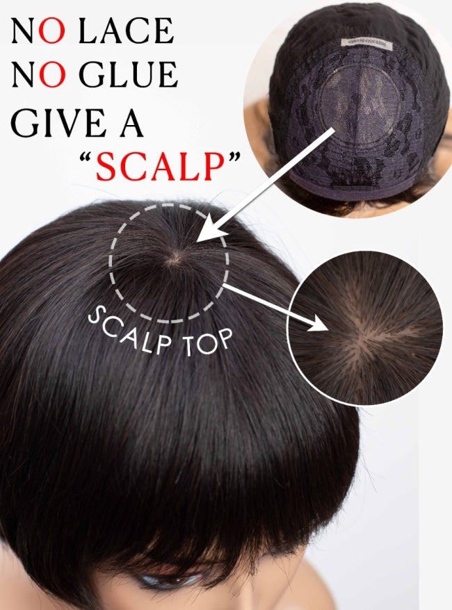 Custom Middle Length Natural Curly Scalp Top Wig With Bangs - priscilla001