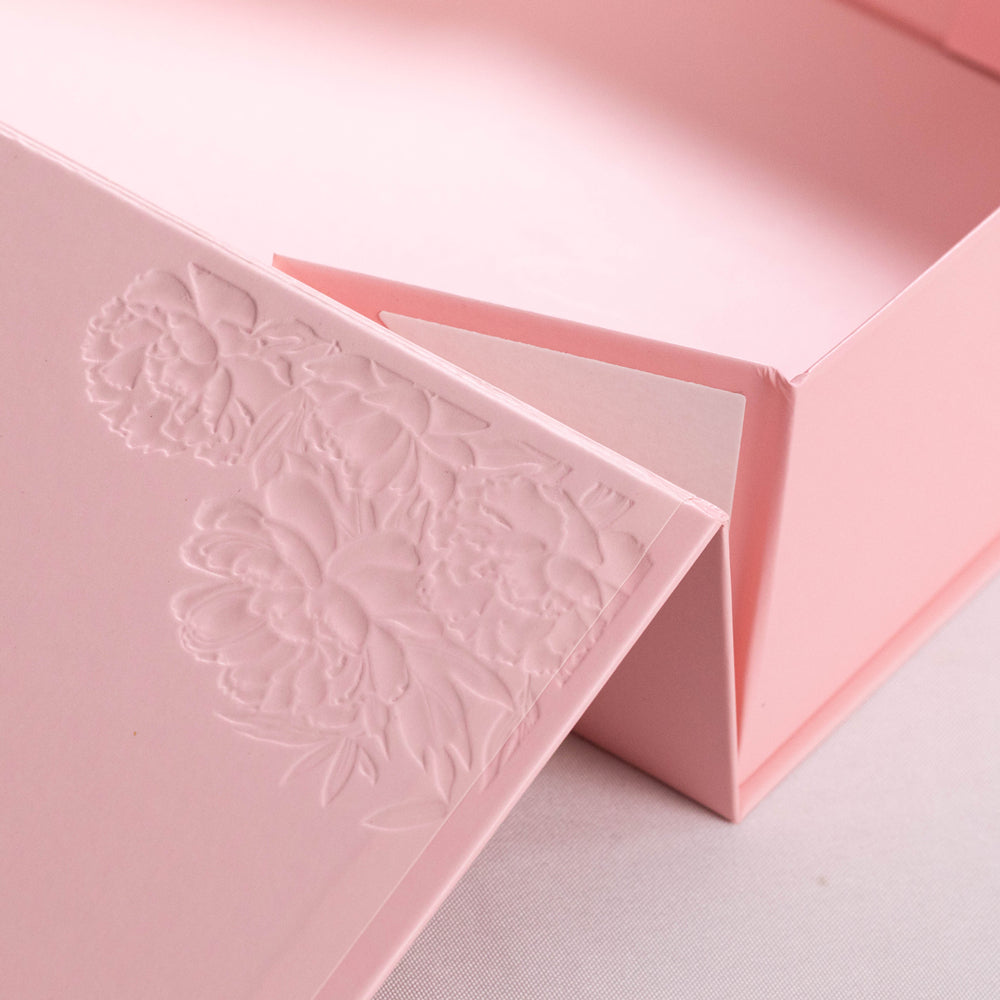 Custom Magnetic Box with Sculpted Embossing & Gold Foil Floral Design