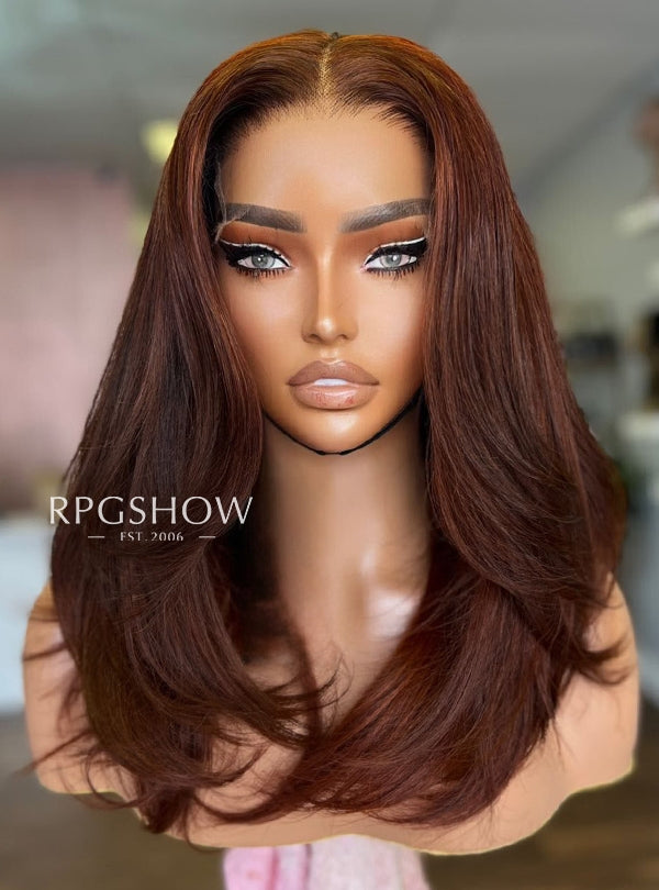 Shoulder Length Middle Part Layered  Soft Wavy Auburn Brown Lace Front  Wigs - WigzbyCharise043