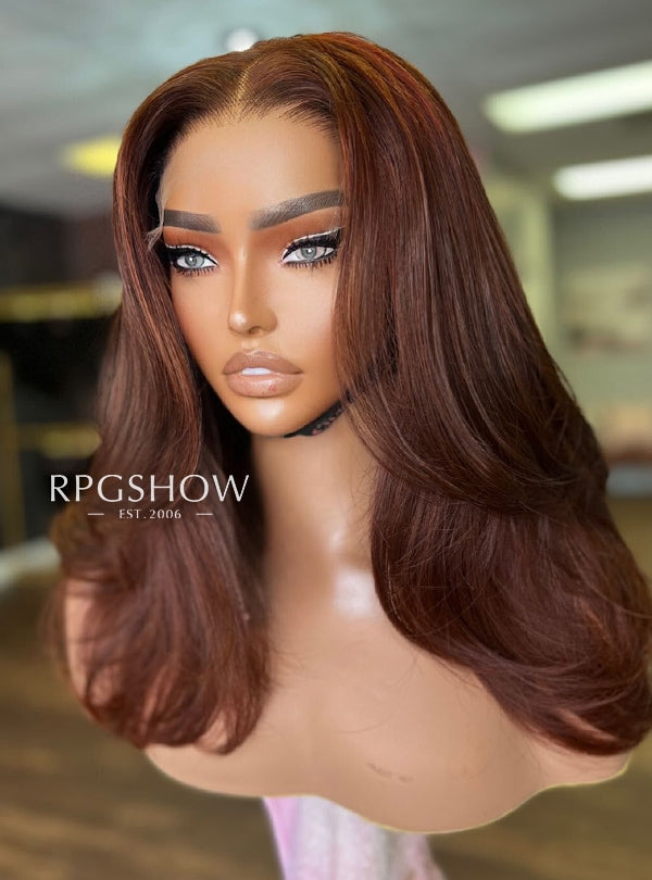 Shoulder Length Middle Part Layered  Soft Wavy Auburn Brown Lace Front  Wigs - WigzbyCharise043