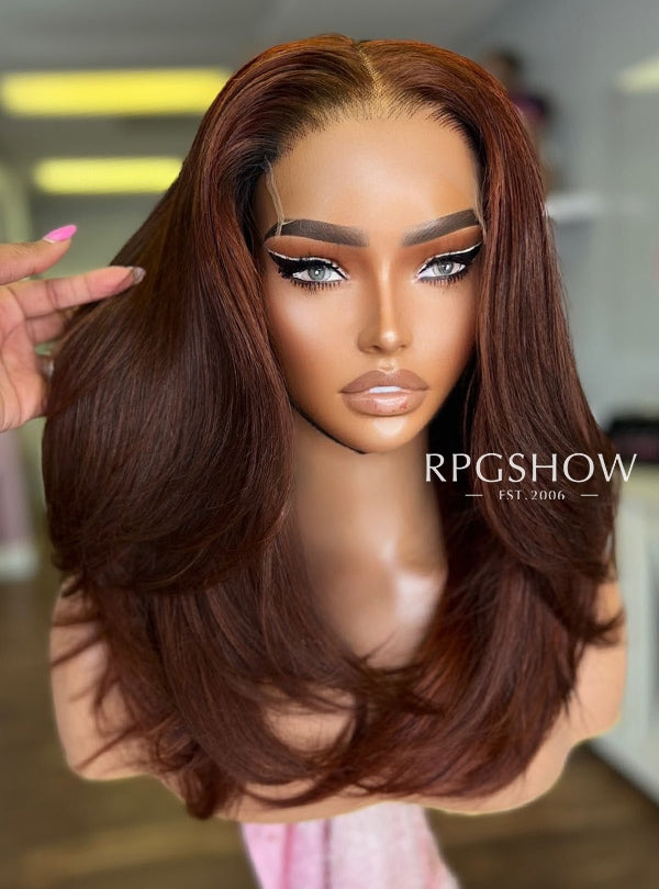 Shoulder Length Middle Part Layered  Soft Wavy Auburn Brown Lace Front  Wigs - WigzbyCharise043
