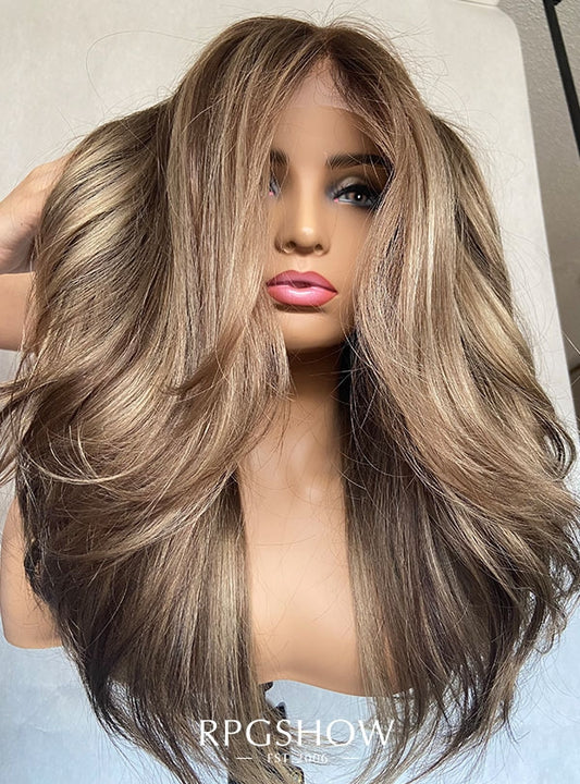 Shoulder Length Middle Part Layered Wavy Mushroom Blonde Balayage 10x6 Lace Front Wigs - Sofiathewigstylist005