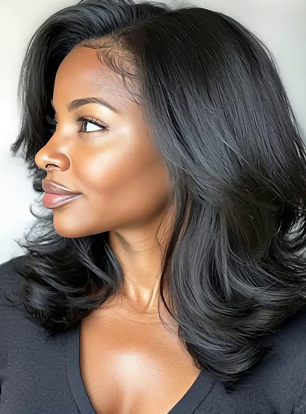 Side Bangs with Layered Haircut Black Hair Maxipart 10x6 Lace Front Wig - ashen006NG