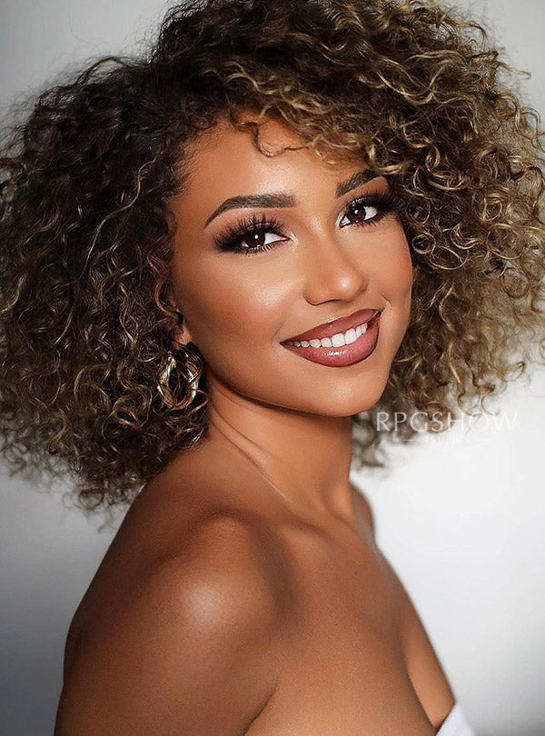 200% Side Part Caramel Blonde Balayage Curly Human Hair 13x6 Lace Front Wigs - aniccavh001