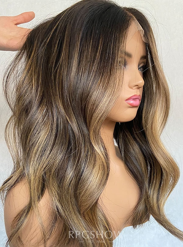 Shoulder Length Middle Part Wavy  Caramel Blonde Balayage Lace Front  Wigs - Sofiathewigstylist003