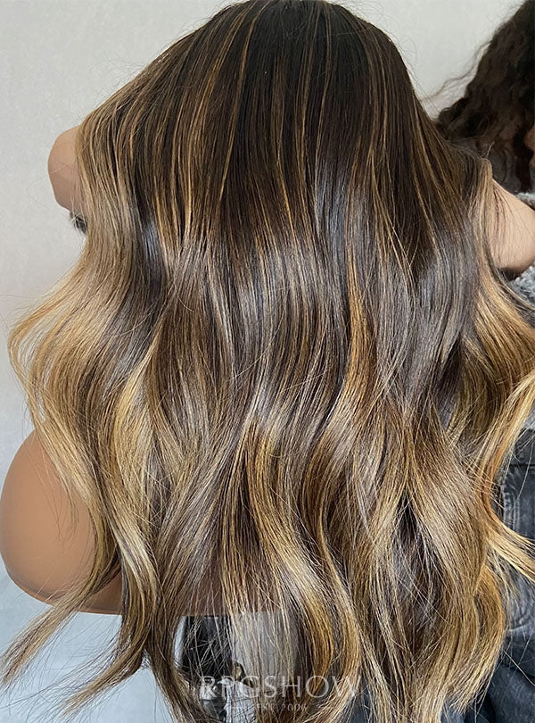 Shoulder Length Middle Part Wavy  Caramel Blonde Balayage Lace Front  Wigs - Sofiathewigstylist003