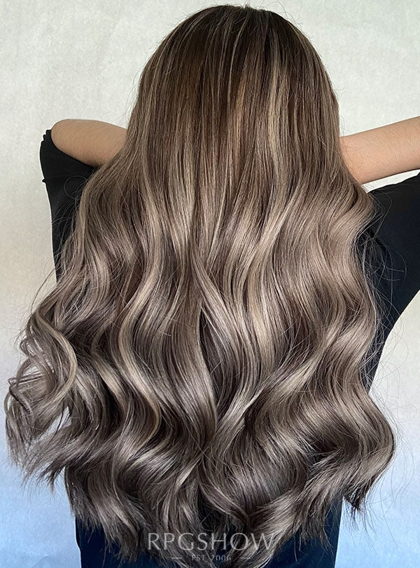 Long Middle Part Wavy Dark Mushroom Blonde Balayage Lace Front Wigs - Sofiathewigstylist006