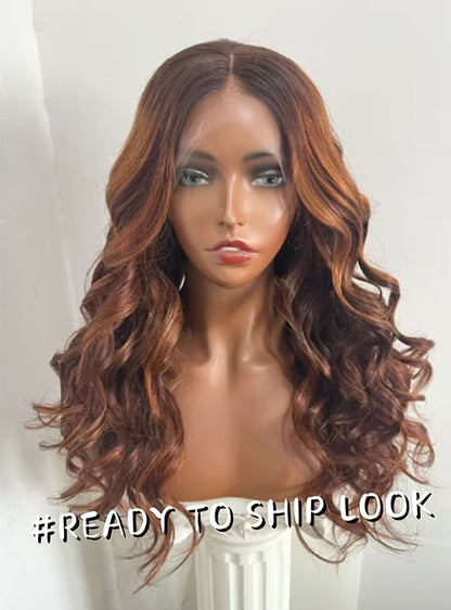 Long Middle Part Wavy Cowboy Copper Ombre Drawstring 13x6 Wigs - Sofiathewigstylist011