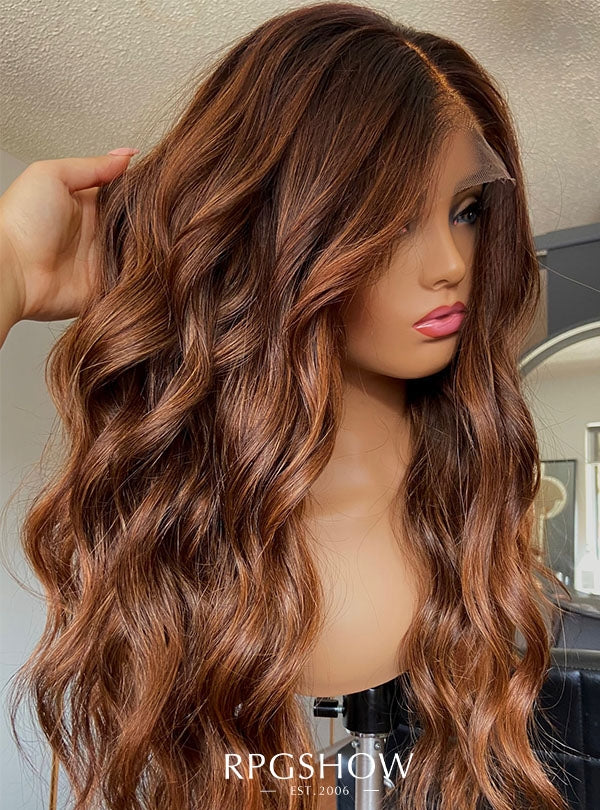Long Middle Part Wavy Cowboy Copper Ombre Lace Front Wigs - Sofiathewigstylist011