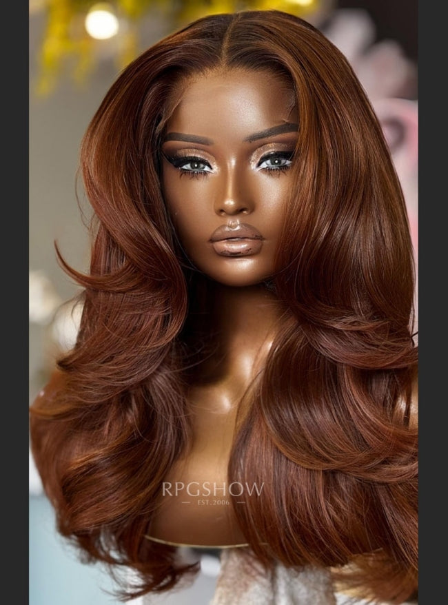 Warm Copper Brown Layered Luxury Salon Wavy Lace Front Wigs - wigzbycharise061