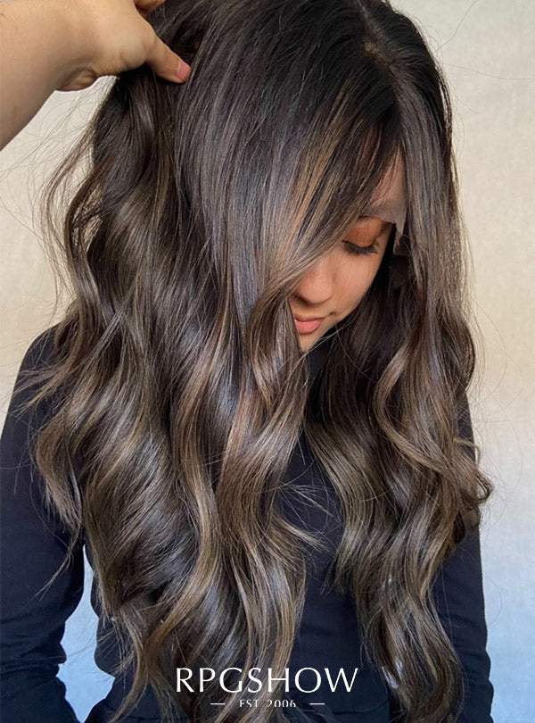 LONG MIDDLE PART WAVY HAZELNUT  BROWN WITH BLONDE HIGHLIGHTS LACE  FRONT WIGS - SOFIATHEWIGSTYLIST010