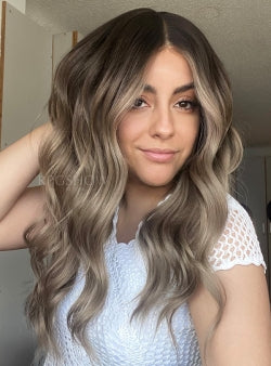 Long Wavy Mushroom Blonde Balayage with Dark Roots Lace Front Wigs - Sofiathewigstylist015