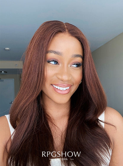 Shoulder Length Layered Soft Wavy Auburn Brown Maxipart Glueless Lace Closure Wig - WigzbyCharise043NG